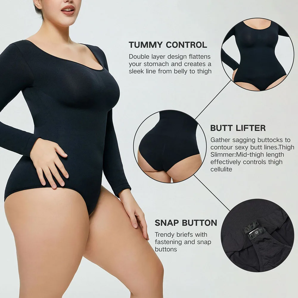  Long Sleeve Shapewear Shirt Tummy Control Bodysuit For Women Black  Slimming Body Suit Mid Thigh Body Shaper L