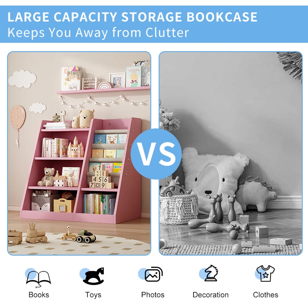 Pink Wooden Toy Storage Cabinet, Children's Bookshelf, Children's Bookcase, Adjustable Bookshelf Kids Bookshelf  Desk Bookshelf 5