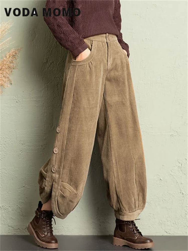 2023 Autumn Winter Vintage High Waist Lantern Pants Woman Side Button Baggy Casual Pants Loose Wide Leg Corduroy Trousers Women