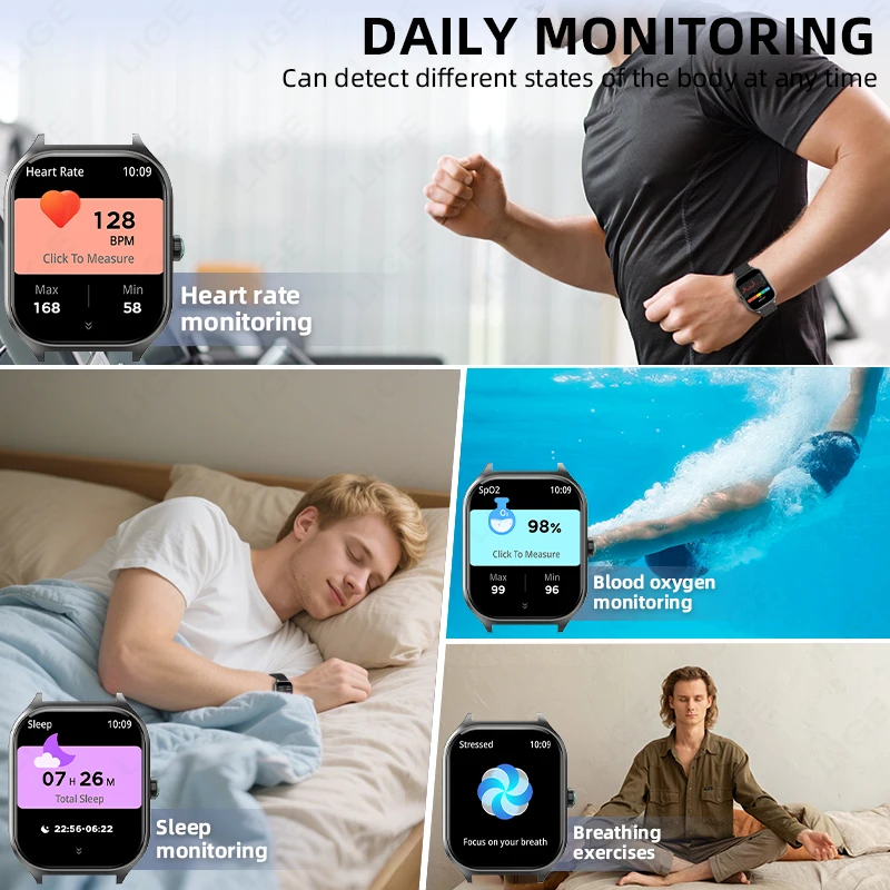 LIGE Smart Watch Men Women 2.01''inch Outdoor Sport Waterproof Bluetooth Call Sports Fitness Smart Watches Ladies Smartwatch New