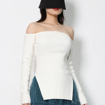 TWOTWINSTYLE 여성용 솔리드 미니멀리스트 스웨터, 스퀘어 칼라, 긴팔 슬림 니트 풀오버, 여성 패션 의류 2022