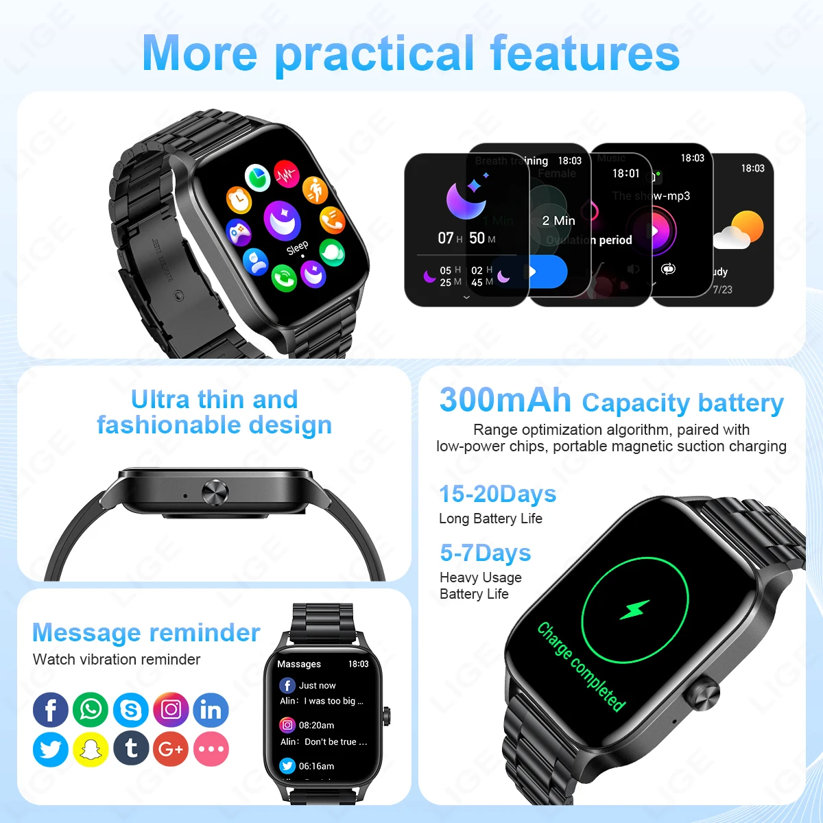 LIGE Fashion Smart Watch Women 1.85” HD Screen Custom Watch Face Women’s Health Monitor Watch Bluetooth Call Sports Smartwatches