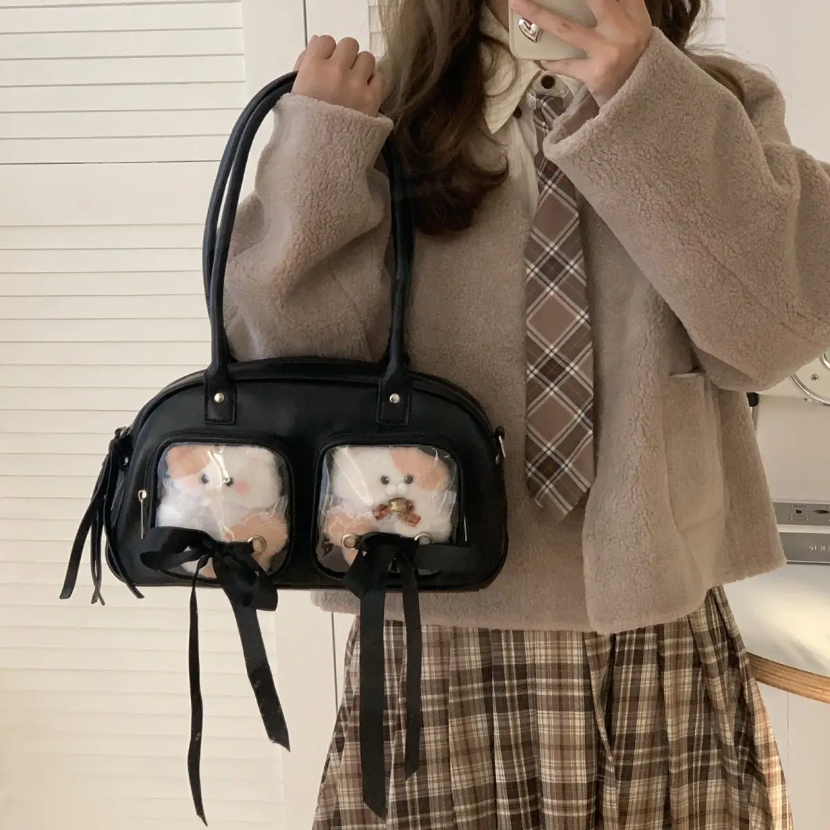 JIAERDI Harajuku Pink Bowling Bag Purse Women Sweet Cute Bow Silk Ribbon Ita Bag Wallet Ladies Transparent Shoulder Bags Handbag