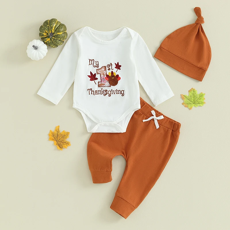 

Suefunskry Baby My 1st Thanksgiving Day Outfits Letter Turkey Embroidery Long Sleeve Romper Pants Hat 3Pcs Fall Clothes Set