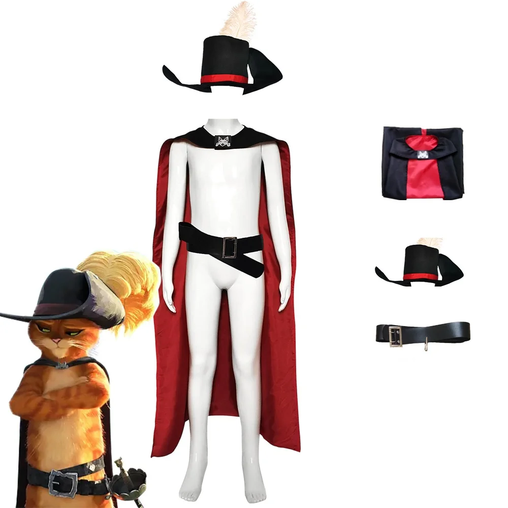 

Puss In Boots Cosplay Hat Cloak Jumpsuit Cartoon Fantasia Suits Children Adult Halloween Carnival Costumes