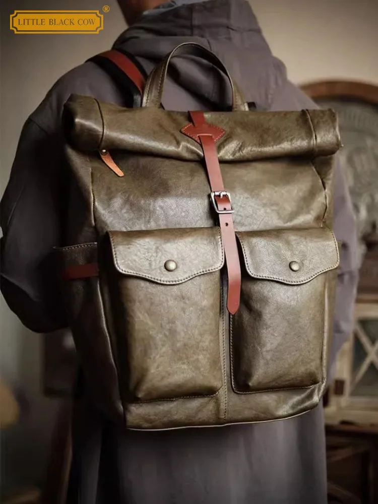 Vintage Design Cowskin Genuine Leather Mens Backpack Large