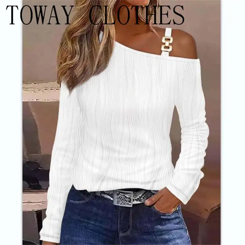 

Summer Ladies Sexy Chain Decor Cold Shoulder Textured Top Boho Casual Top Beachwear Long Sleeve Blouse Long Tunics