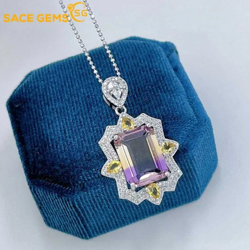 

SACEGEMS Luxury 10*14mm Natual Ametrine Pendant 925 Sterling Silver Pendant Necklace for Women Everyday Party Fine Jewelry Gift