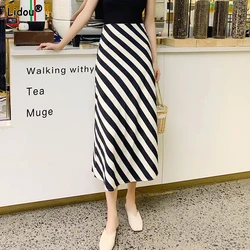 Midi Calf Skirts Summer Thin Elegant Skinny Striped Temperament High Waist Fashion Casual Intellectual New Women's Clothing 2023