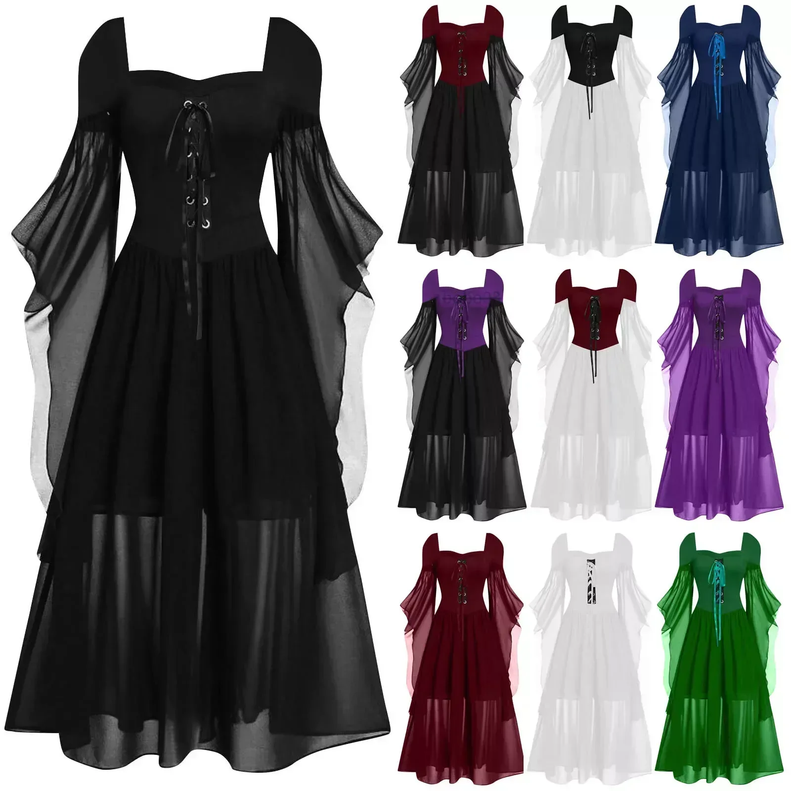 

Vintage Halloween Medieval Witch Dress for Women Cold Shoulder Butterfly Sleeve Gothic Dresses Carnival Dress Up Party Plus Size