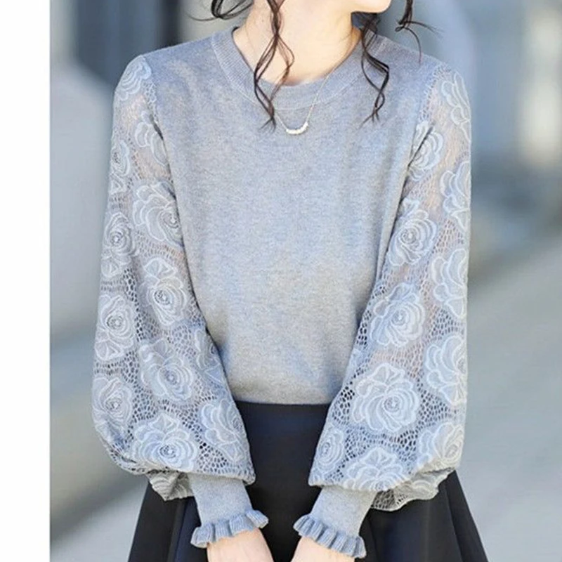 

Autumn Elegant Fashion Preppy Style Prairie Chic Sweater Women Round Collar Hollow Out Lace Long Lantern Sleeve Loose Casual Top