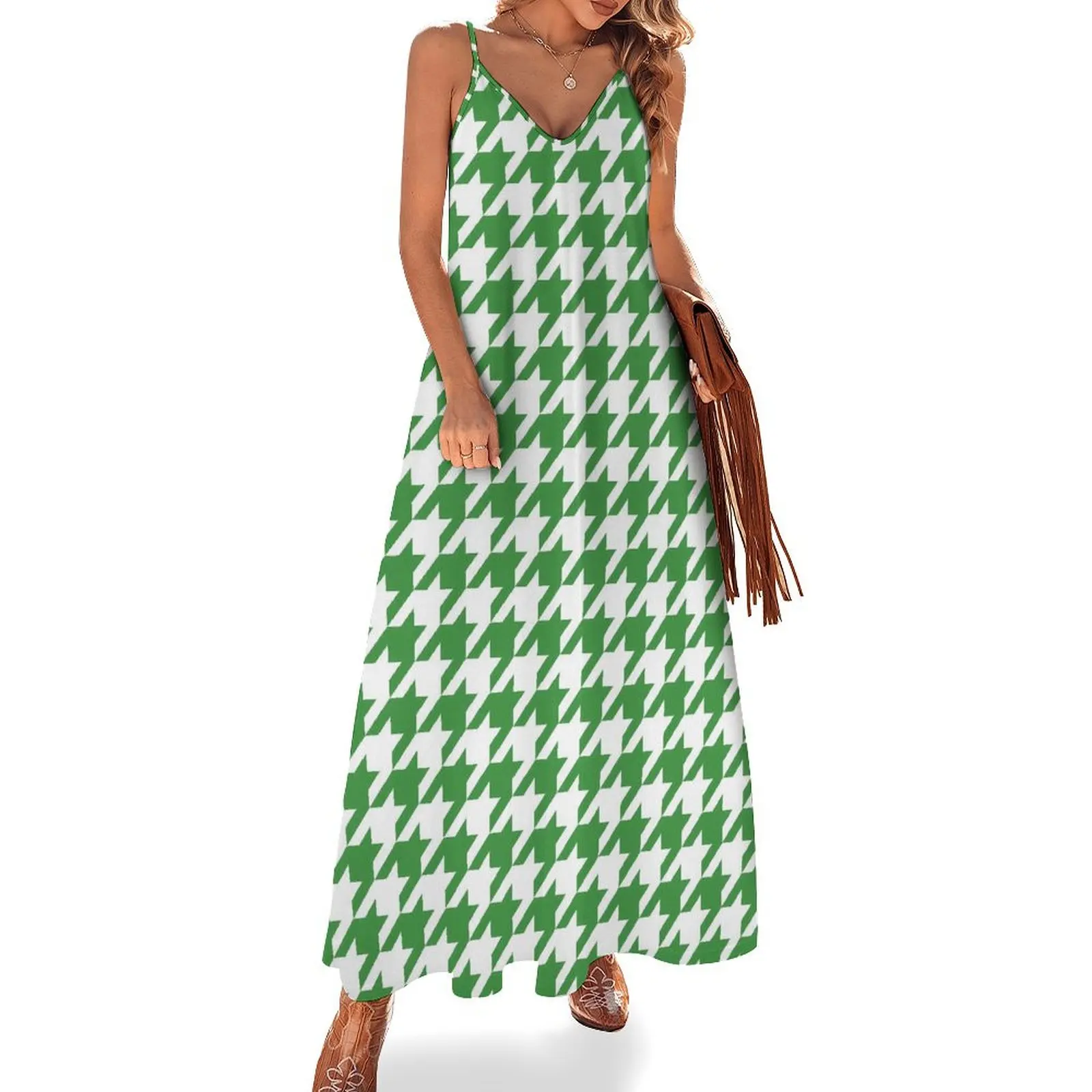 

Green Houndstooth Dress St Patricks Day Party Maxi Dress Strap Stylish Casual Long Dresses Holiday V Neck Oversize Clothing