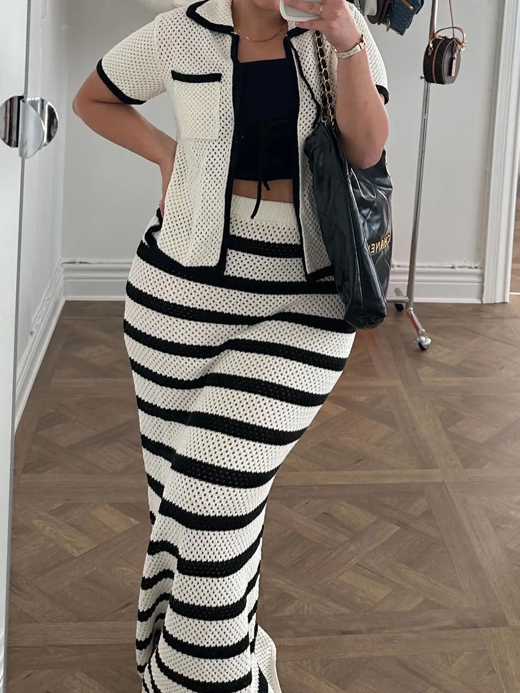 Fashion Contrast Knit 2 Piece-Set Women Lace-Up Short Sleeve Cardigan Top And Long Skirt Sets High Waist Knitwear Outfits