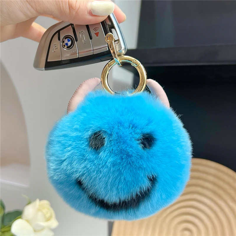 Cute Real Rex Rabbit Fur Ball Keychain Big Eye Monster Blue Fur