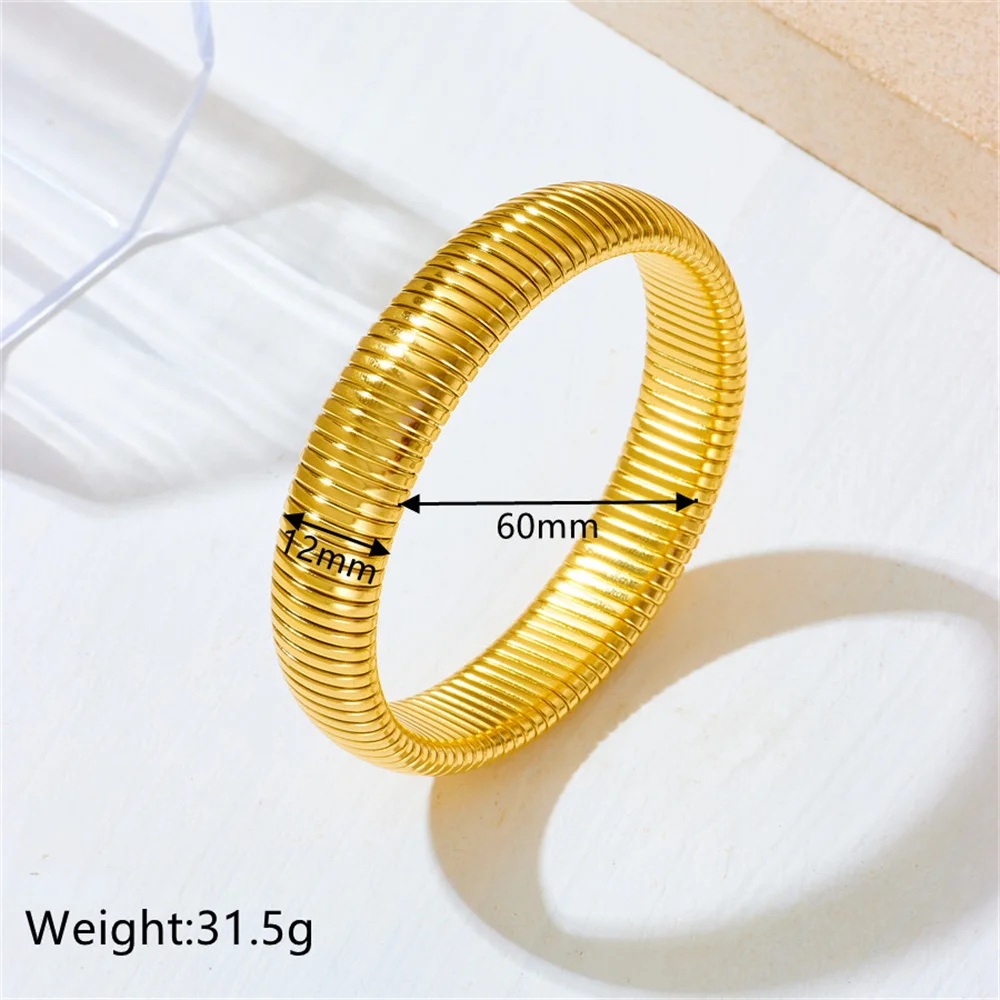 18K PVD Gold Plated Spring Antique Original Design Wide and Narrow Style Elastic  stainless Steel Bracelet Jewelry for women 2