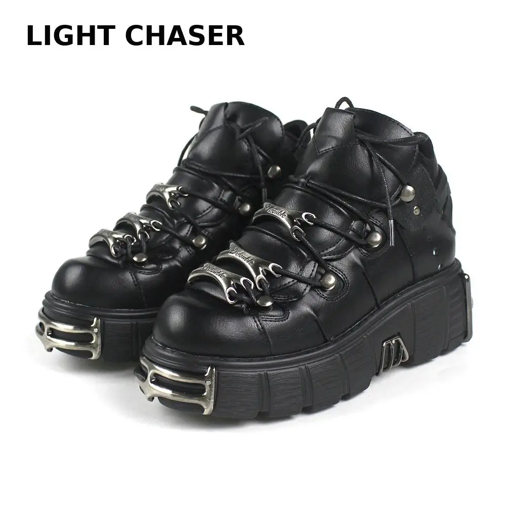 fashion Brand Punk Style Women Shoes Lace-up heel height 6CM Platform Shoes Woman Gothic Ankle Boots Metal Decor Woman Sneakers