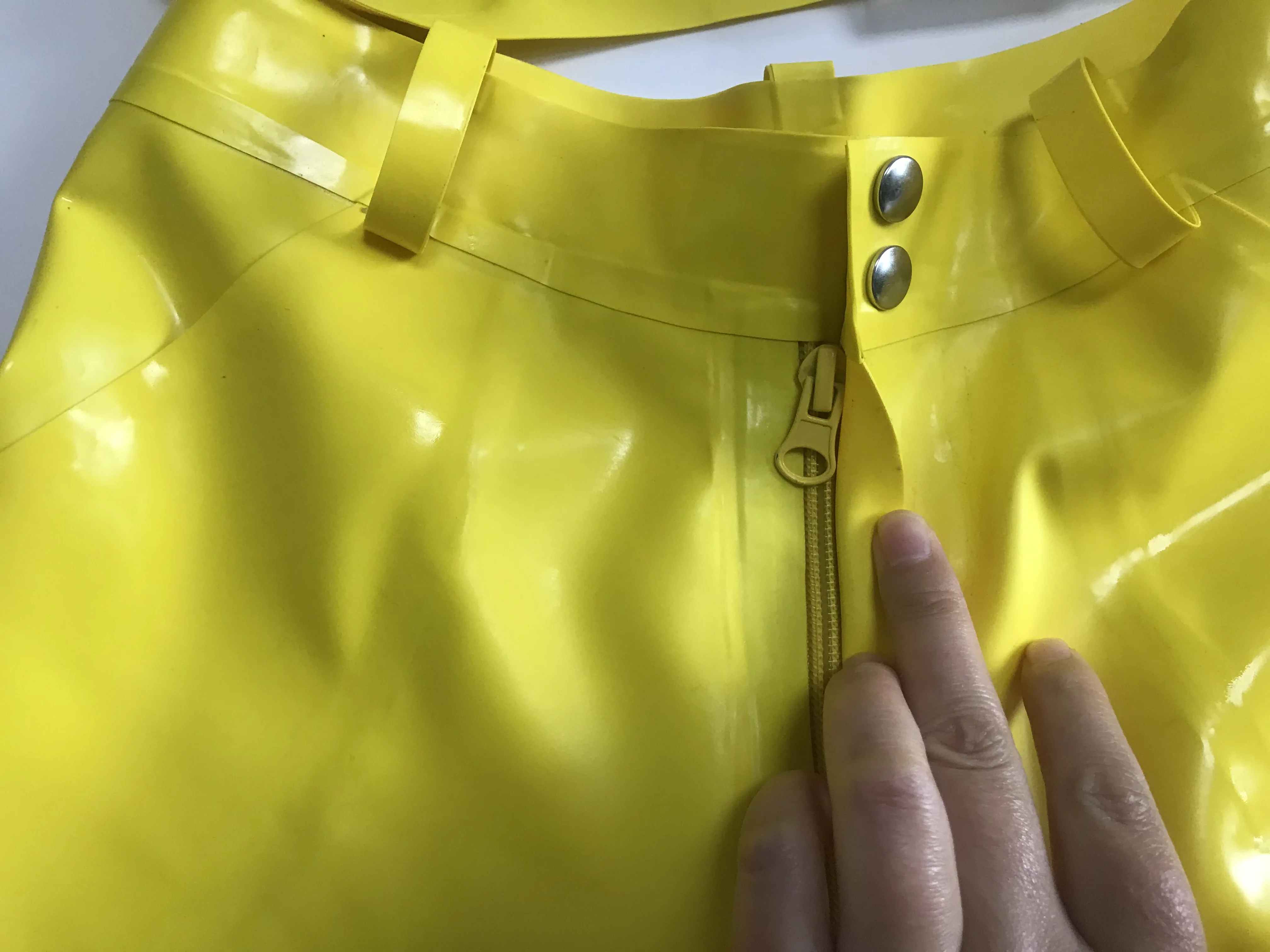 Sexy Yellow High Waist Latex Shorts Pants Belt Pocket with Front Zip and Press Stud