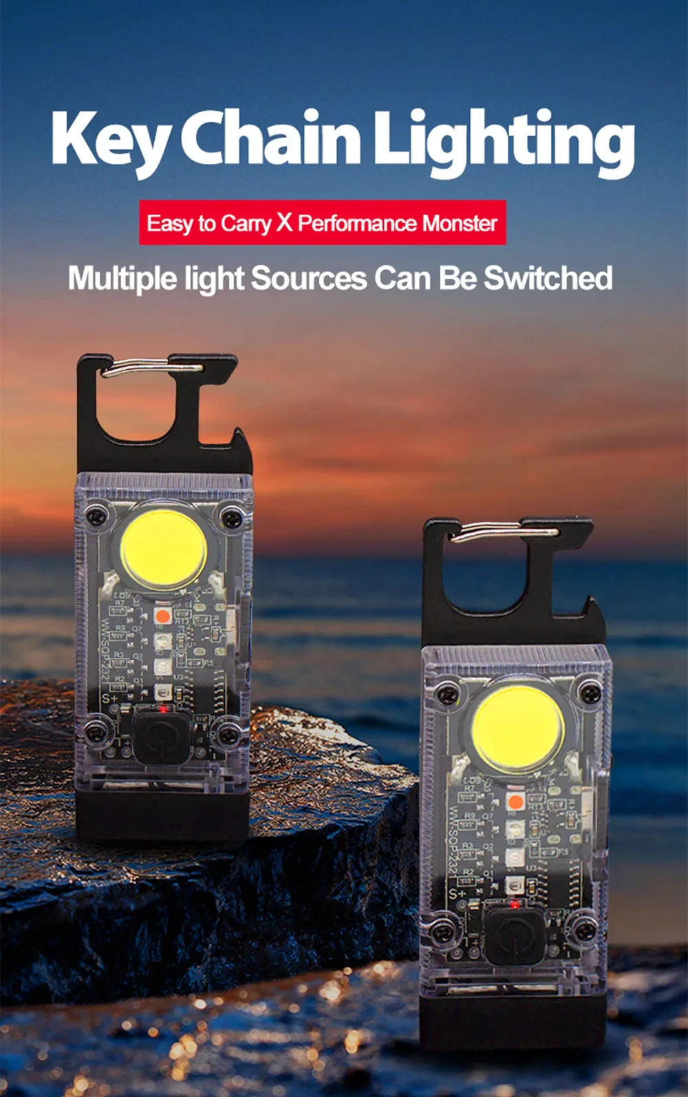 Description Picture 2 of itemMini Portable Keychain Flashlight Solar Panel Type-c Rechargeable LED 9 Modes COB Work Light Keychain With Magnet Light