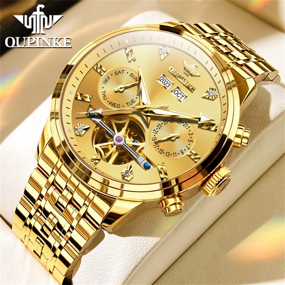 

Stainless Steel Men's Automatic Mechanical Watches OUPINKE Luxury Perpetual Calendar Sapphire Mirror 50m Waterproof Man Watch