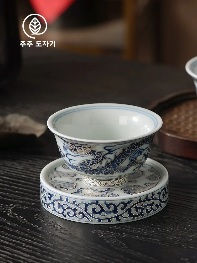 수제 은도금 청백 구름 무늬 용 모양 컵받침, 작은 자색 점토 냄비 뚜껑 받침, 다도 용품 선물