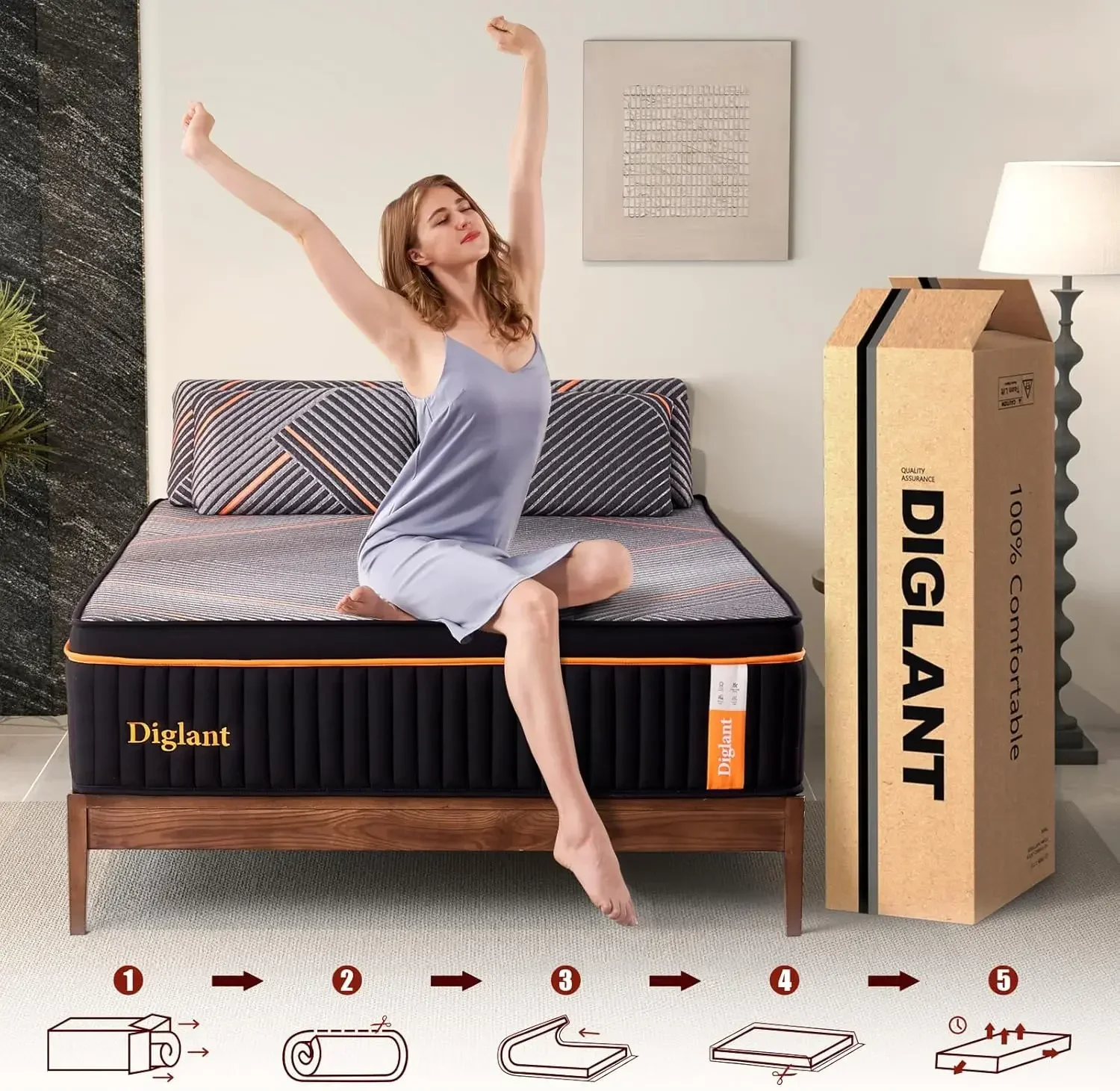14 Inch Plush Hybrid Mattress Black Memory Foam with Individually Pocket Coils Mattress Queen Size in Box for Pressure Relief 6