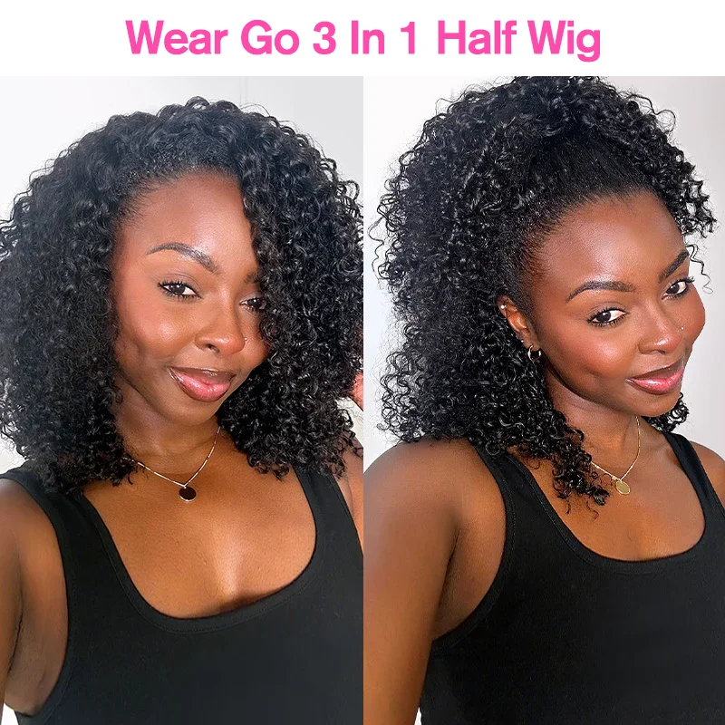 Kinky Curly Half Wig Human Hair Glueless Wear Go Wig 4C Afro Kinky Curly Headband Wig 3 IN 1 Half Wig Flip Over Clip Ins Wig 3