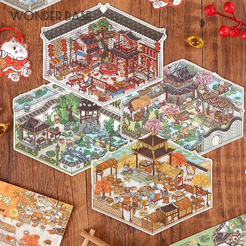 Cartoon Cat Leisure Life in 4 Seasons DIY Miniature Scene Stickers 3D Pocket Cabin Scene Stacking Pasting Gift for Kid Child