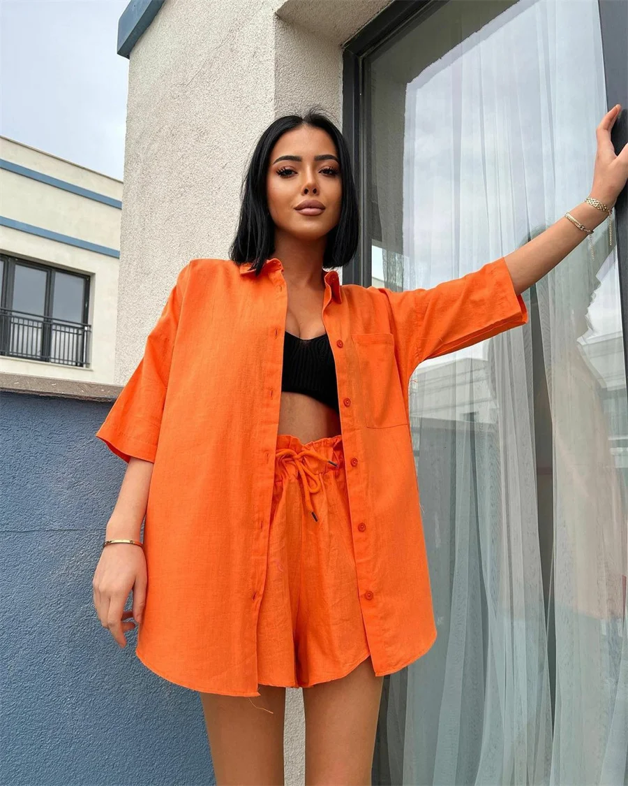 Spring And Summer Bright Short-sleeved Shirt Solid Color Cardigan Top With Wooden Ear Edge Drawstring Shorts Two-piece Set