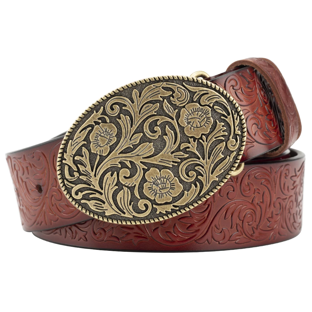 Tang Grass Pattern Embossed Leather Belt Fashion for Men Youth