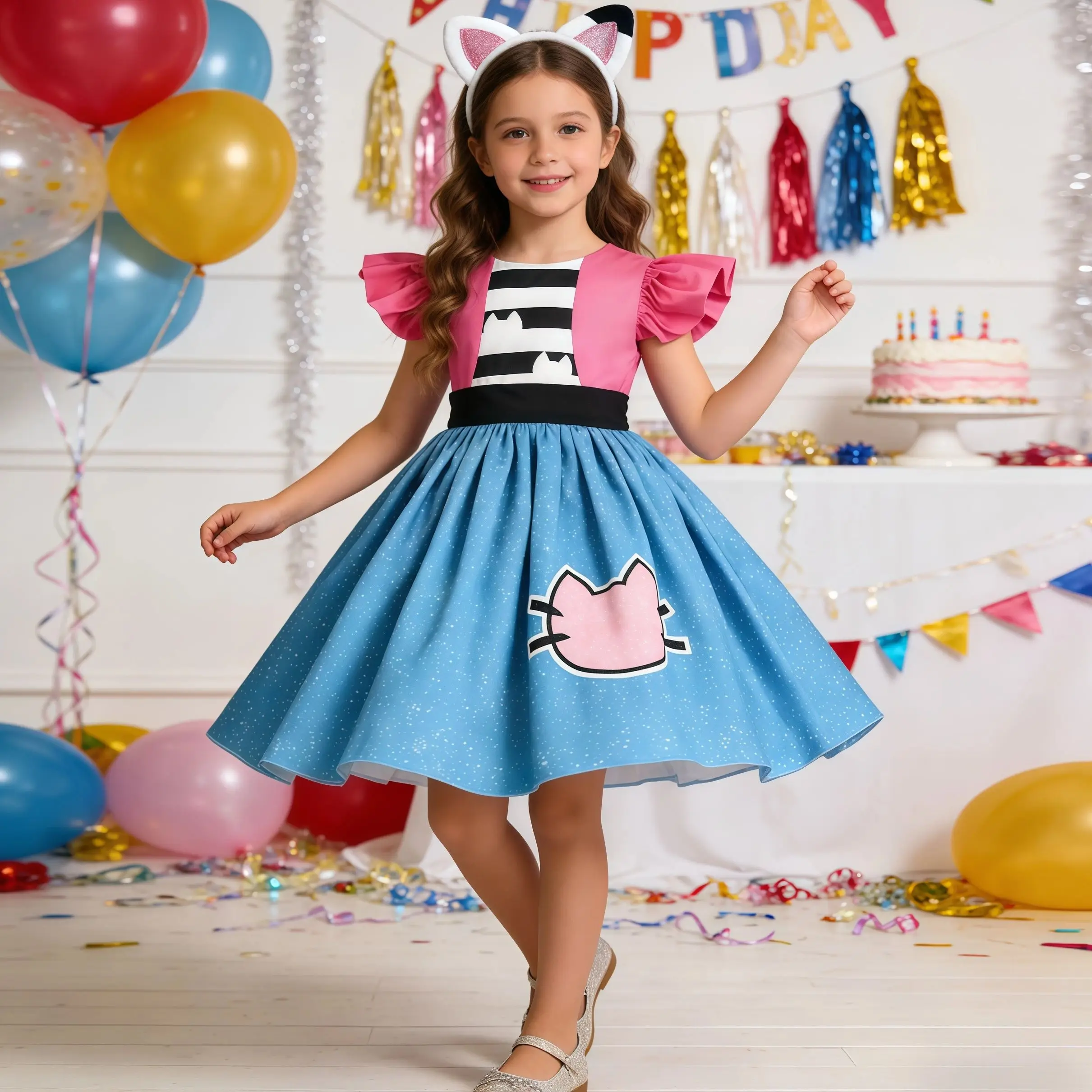 Sommerkleid für Kinder mit Flügelärmeln, Katzenmotiv, Prinzessinnenkleid mit Ohren-Kopfschmuck für Karneval, Geburtstagsfeier, ausgefallenes Mädchenkleid, gestreift, Vestidos