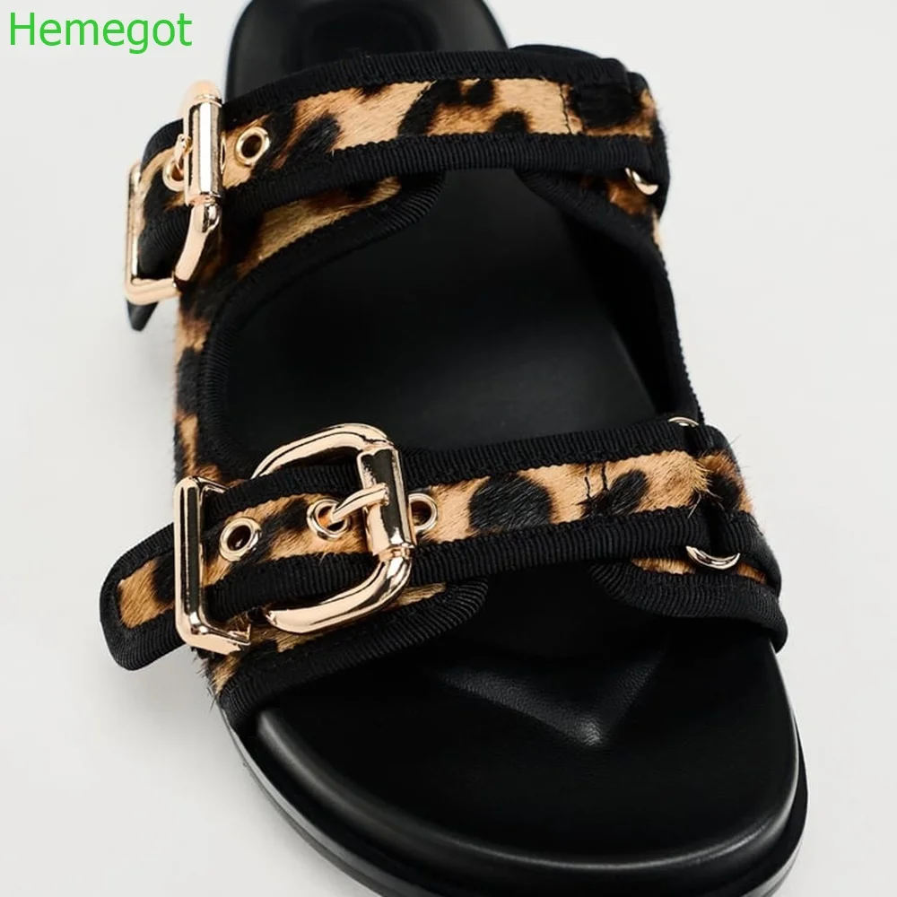 Black Leopard Print Casual Slippers Summer Fashion Thick-Soled Sandals Metal Belt Buckle Versatile Ladies Outside Beach Slides
