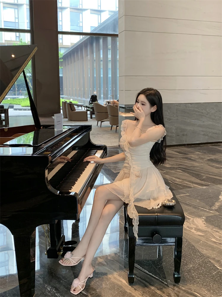 Y2K Irregular Ruffles Short Dresses for Women Spaghetti Strap High Waist A-line Summer New Korean Fashion One Piece Party Dress