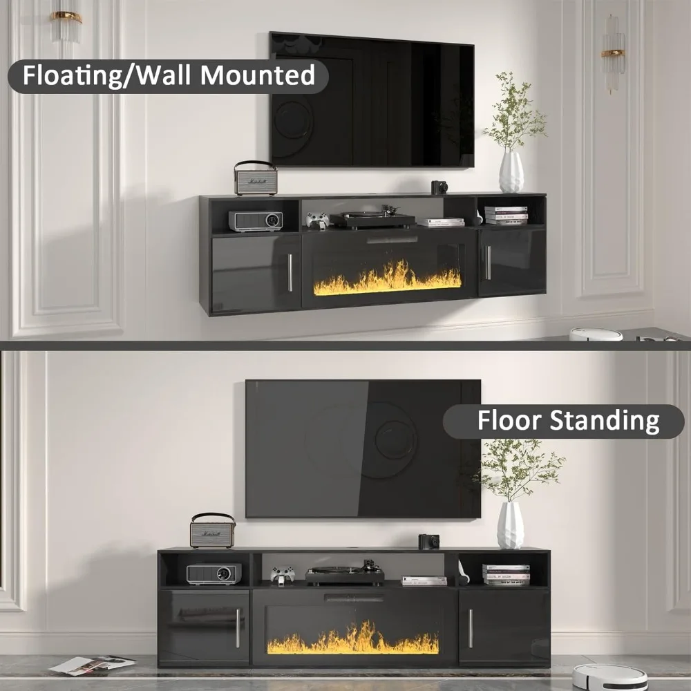 Floating TV Stand with Fireplace, 70" Floating TV Stand Wall with 36" Fireplace, Black Floating Electric Fireplace TV Stand 3