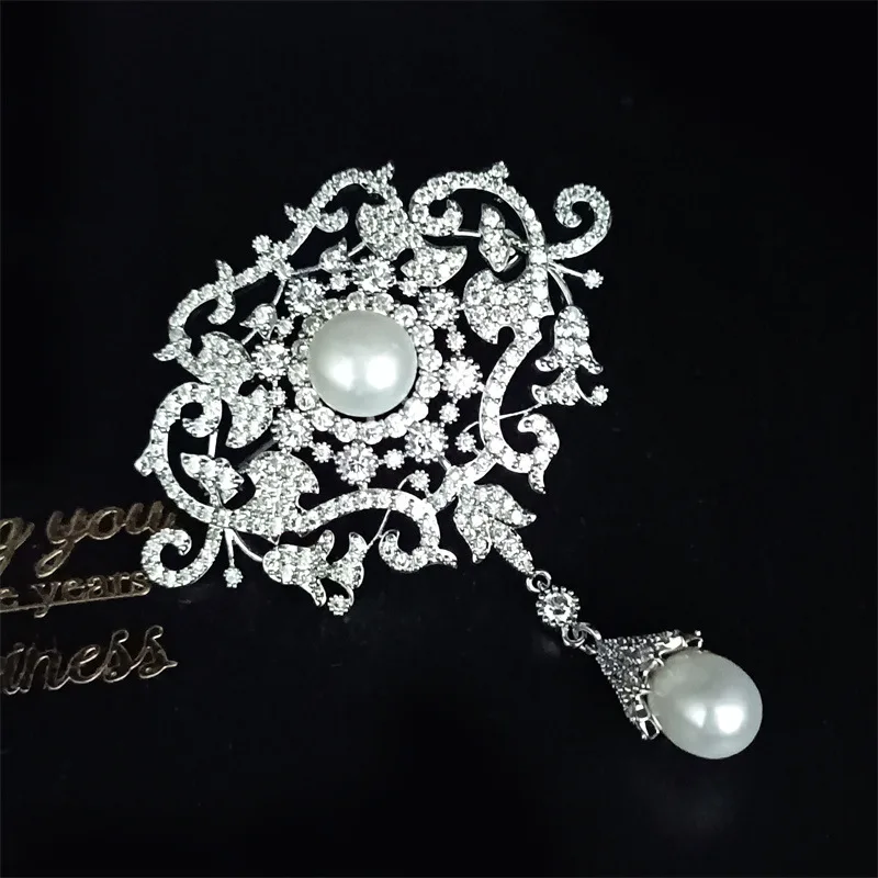 54*65mm White Pearl Cz Pave Flower Brooch