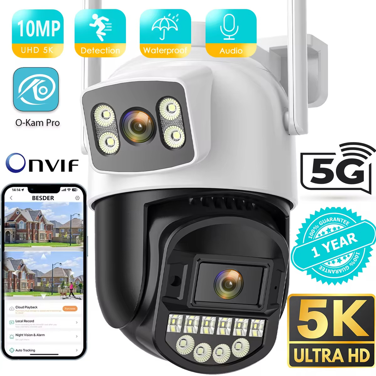 BESDER 5K 10MP WiFi Surveillance Camera 5Ghz Dual Lens Real-time intercom AI Human Detect 8MP 4K Outdoor Security PTZ IP Cameras