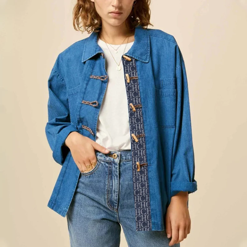 

Женская Джинсовая блузка с широкими рукавами, свободная винтажная рубашка в стиле пэчворк с пуговицами-рогами и большими карманами, s