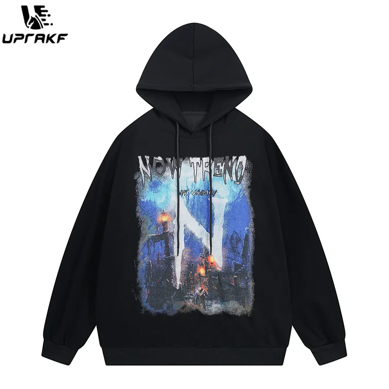 UPRAKF Retro Hoodie Streetwear High Quality Hip Hop Fashion Casual Tops Long Sleeve Pullovers American Style