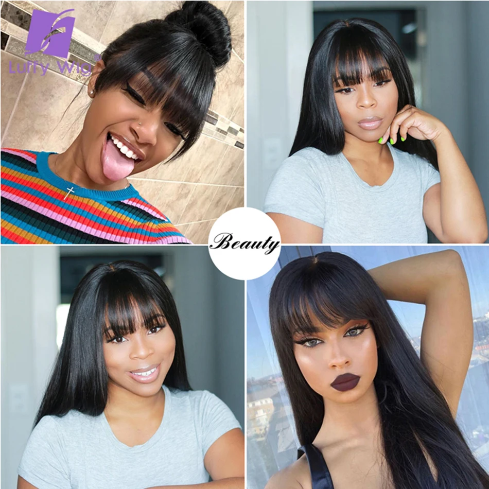 Straight Bang Wig Human Hair Brazilian Remy O Scalp Top Human Hair Wigs With Bangs 200 Density Glueless For Black Women Luffy