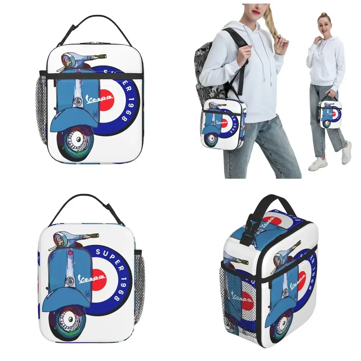 Vespa 1968 슈퍼 스쿠터 Merch 단열 도시락 가방, 피크닉 보관 식품 상자, 휴대용 캐주얼 보온 쿨러 도시락 상자