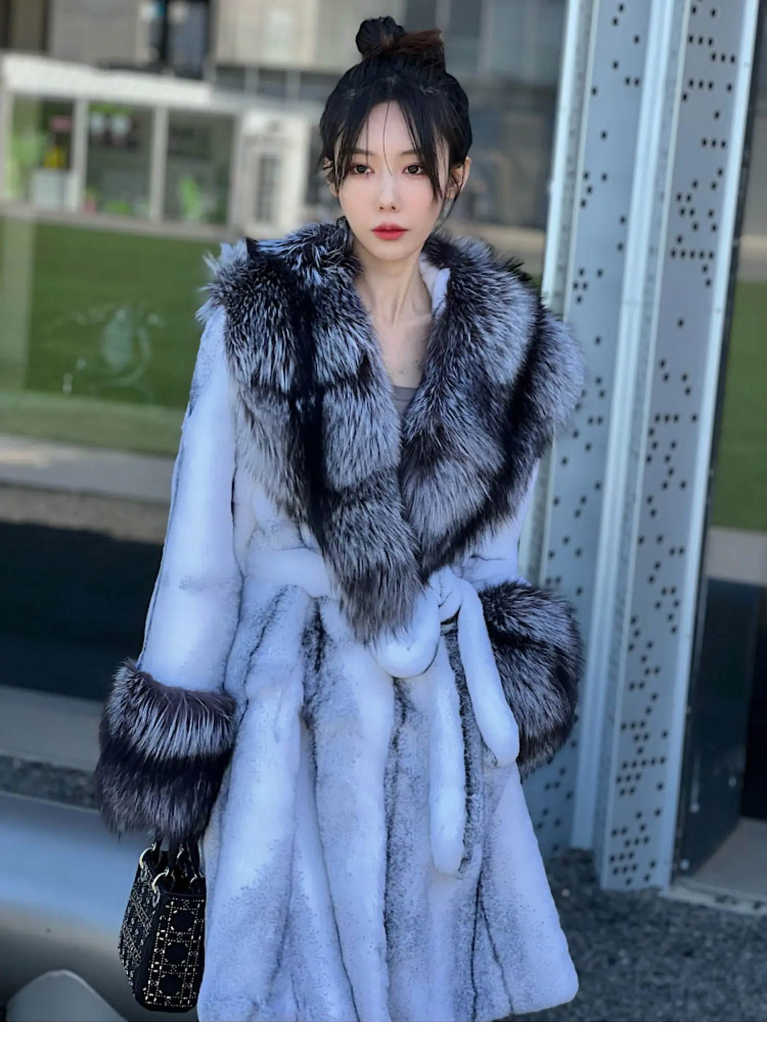 FURYOUME Long Natural Rabbit Fur Coat for Women Large Real
