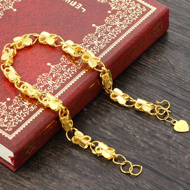 Wholesale Pure gold Color 4MM Flower Heart Bracelet 19CM for Women Girls  Fashion 24k Gold Filled Ladies Wedding Jewelry - AliExpress