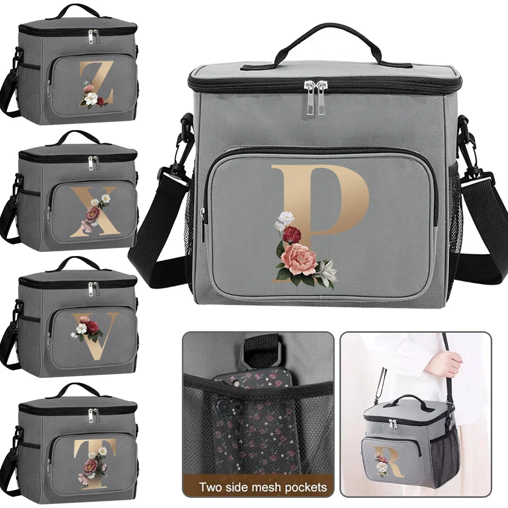 

New Large Capacity Gold Letter Series Printing Pattern Portable Food Storage Handbag with Oblique Shoulder Insulation Lunch Bag