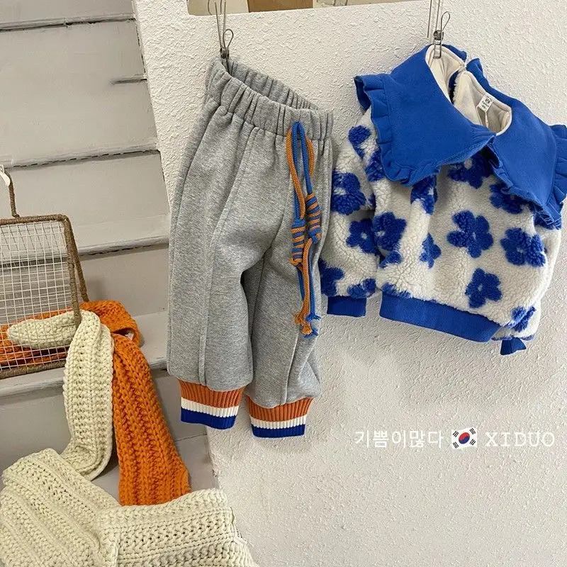 여아용 양모 스웨터, 플러시 및 두꺼운 탑, 베이비 베이스 코트, 가을 및 겨울 2024 신상