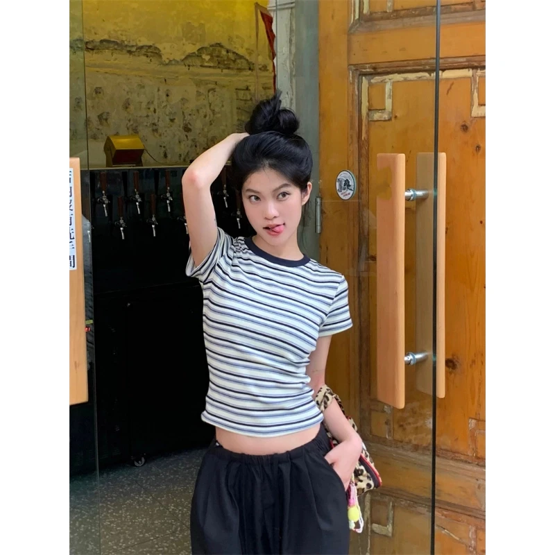 Vintage Women Y2K Striped Crop Top T-shirts for Women Slim Casual Short Sleeve Tee Sweet Tops Fashion Clothes 2025 Summer New 4