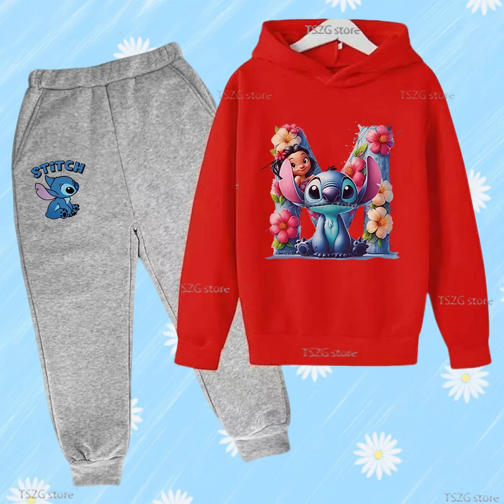 Cartoon Disney Stitch Letter Children's Sets Boys Girls Cute Kid Hooded Hoodies + Pants Suit Sports Tracksuits Toddler Clothing