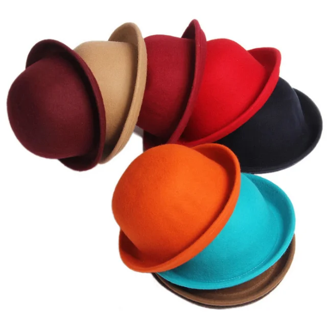Adult Children Flat-top Fedora Hat Pure Color Imitation Wool Jazz Hat Wide Brim Ladies Elegant Round Hat Bowler Hat 1
