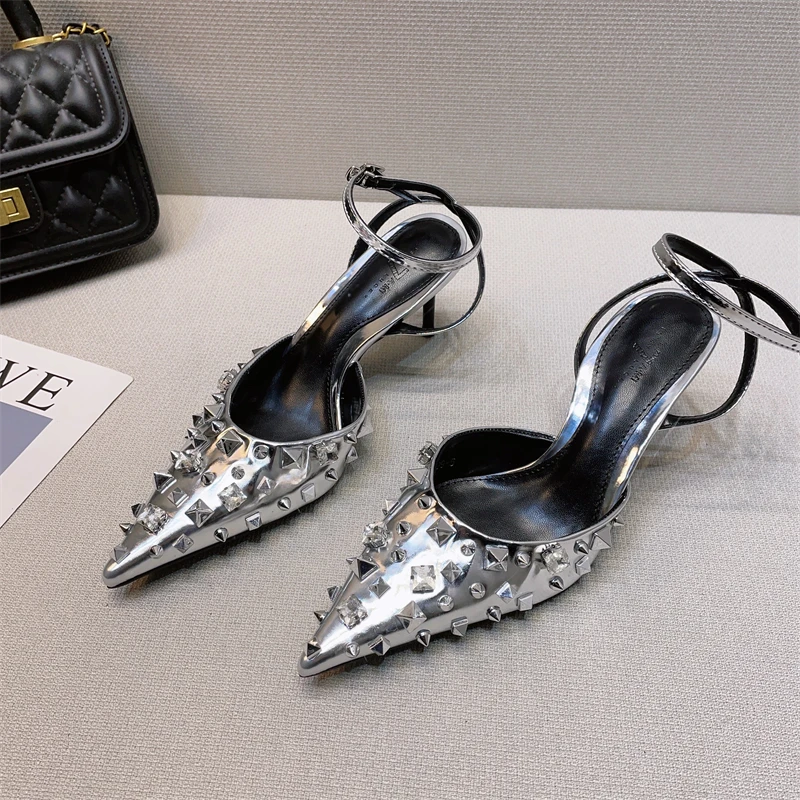 

Summer Rivet Decor Pointed Toe Gladiator Slingback Thin High Heel Women Party Wedding Shoes Ankle Strap Bridal Dress Pumps Mujer