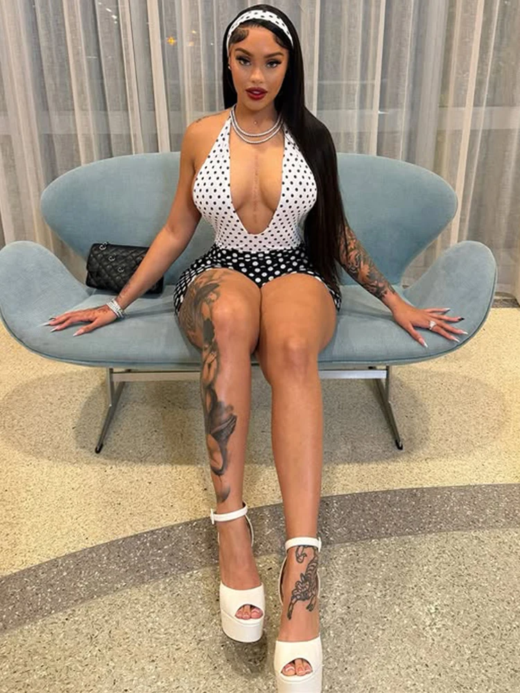 Nibber Peach Hip Contrast Patchwork Playsuits Woman Polka Dots Print Halter Low-Neck Backless Skinny Street Sexy Style Rompers