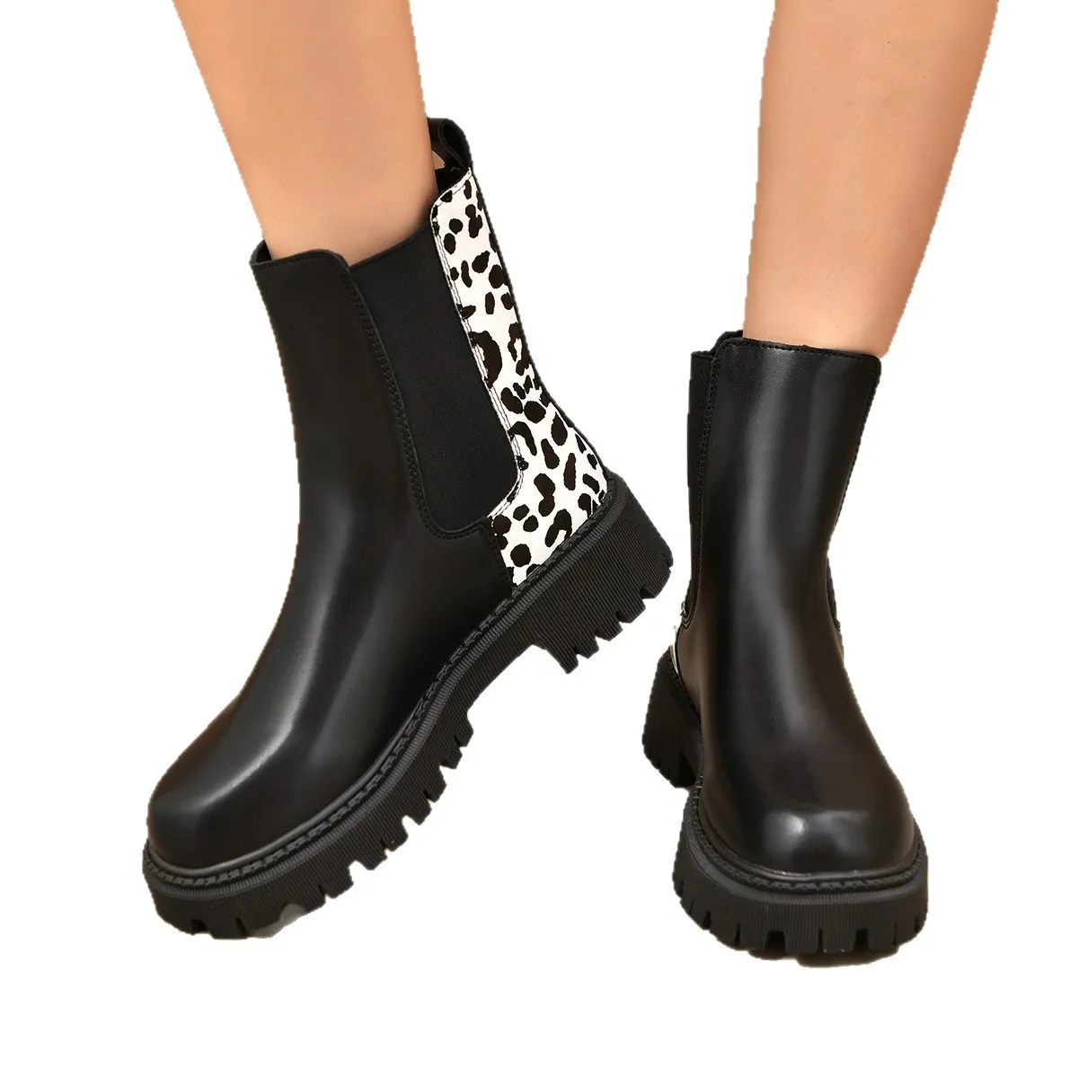 Fashion Leopard Print Platform Chelsea Boots Women Slip On Plus Size Thick Sole Ankle Boots Woman Pu Leather Short Booties Mujer