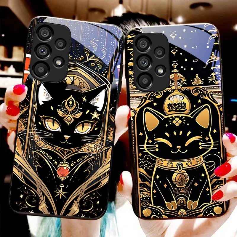 Black Gold Cat Design Tempered Glass Phone Case with Hard Shell